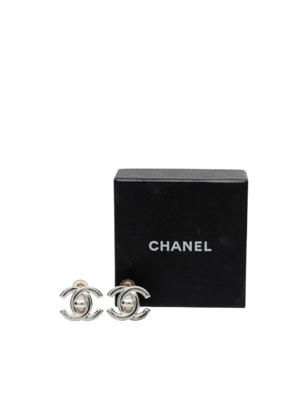 Chanel CC Logo Turnlock Vintage Earrings Silver Metal